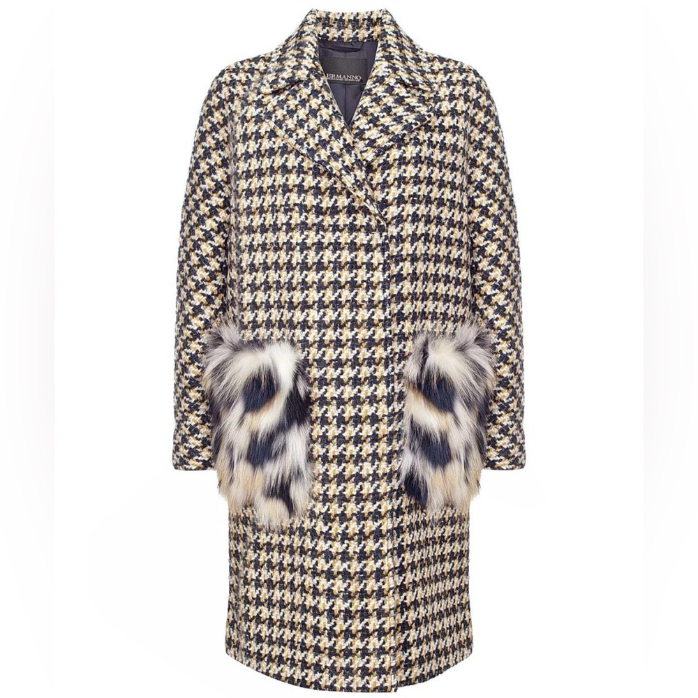 Ermanno Scervino Tweed Houndstooth Coat with Natural Fur Pockets